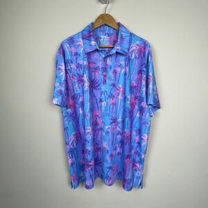 Birdie Bound Polo‎ Shirt Men's 2XL Tropical Palm Print Golf Stretch AOP